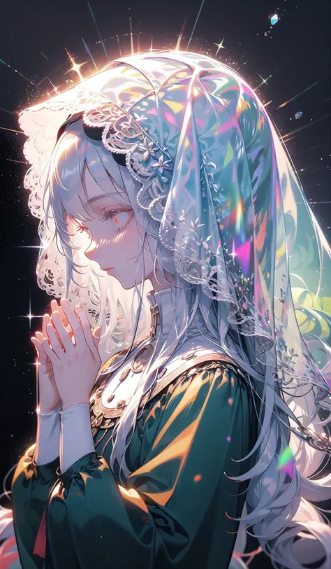 mirrornun, from side, 1girl, solo, upper body, long hair, profile, hands up, own hands together, black background, long sleeves, red eyes, bangs, <lora:[LoRA] Glitter Concept (With dropout & noise version):1>