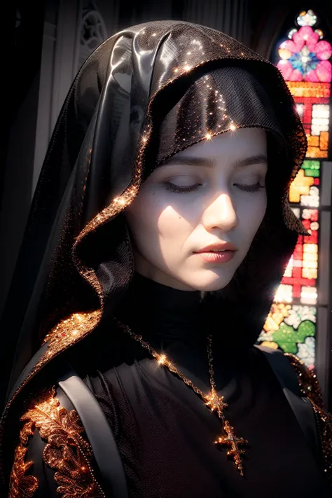 (realistic:1.3), finely detailed, quality, rembrandt lighting, (masterpiece:1.2), (photorealistic:1.2), (best quality), (detailed skin:1.3), (intricate details), dramatic, ray tracing, 1girl, japanese girl, mirrornun, blonde, short curls hair, parted bangs, eyes closed, 21 years old, medium breasts, palms together, sparkle, halo, see-through veil, intricate, jewelry, (close up portrait shot, gothic church),  <lora:mirrornun-noise:1>