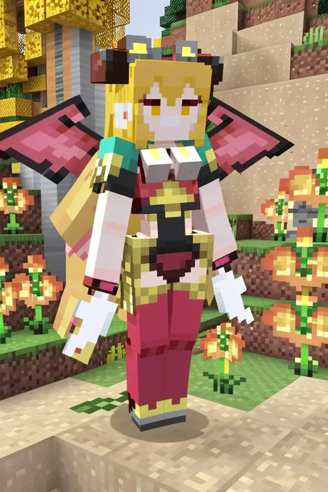minecraft, 1girl, woman, (expressive Dreamy:1.3) cute succubus, wings, full body, [:outlandish, seductive costume design,:0.2], bombshell hair, bright goldenrod hair, long bombshell hair, thicc body, wide hips, narrow waist, large breasts, (asian:1.3)<lora:EnvyCubedXL01:0.8>