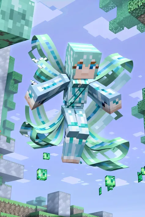 minecraft, A graceful dance spirit, with flowing ethereal ribbons, twirling in the air to an unheard melody. <lora:EnvyCubedXL01:0.8><lora:EnvySpiritXL01-cute:1>