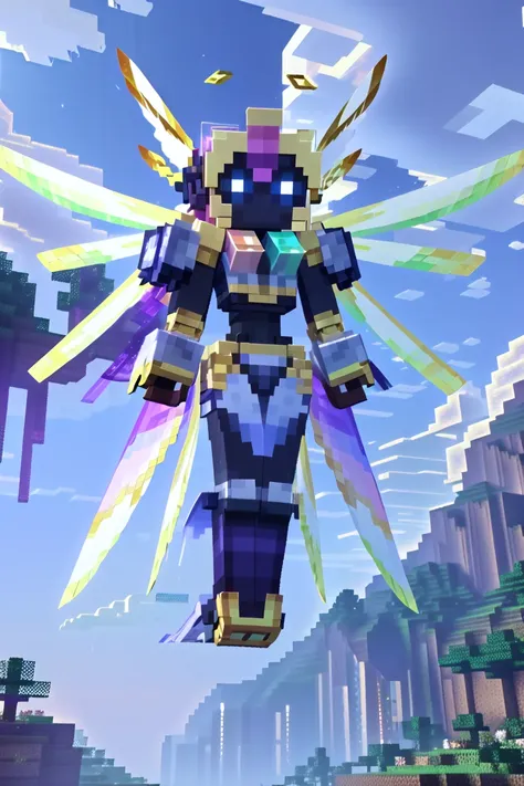 minecraft, robot girl, 1girl, woman, dark indigo skin, Zamia fairy empress,fairy wings, see-through gossamer, bombshell hair, iridescent rainbow hair, Tuck and Roll, slim, atheletic figure, narrow waist, medium breasts, japanese, (golden hour, blue sky, clouds, scenery, "at the exalted Singularity":1.3) <lora:EnvyCubedXL01:0.8><lora:EnvyMechaGirlXL02:1>