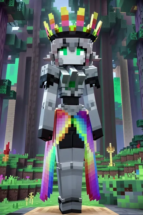minecraft, 1girl, woman, vampire queen, wicked witch, (high collar:1.3),(huge opulent crown:1), bombshell hair, dark silver hair, drill hair,Waist Length Hair, slim, atheletic figure, narrow waist, medium breasts, caucasian, (warmly lit interior, in a Thematic Rainbow eucalyptus forest:1) <lora:EnvyCubedXL01:0.8><lora:EnvyMechaGirlXL02:1>