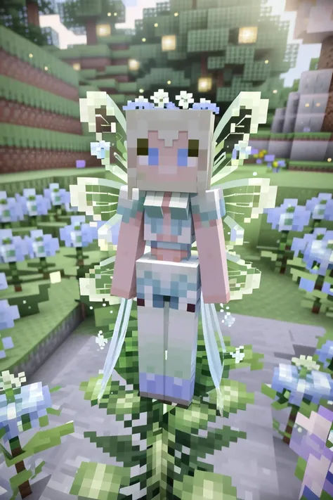 minecraft, fairy queen, f/1.4 lens, bokeh, tiny muted white Hydrangea sprite, see-through gossamer, <lora:EnvyCubedXL01:0.8>
