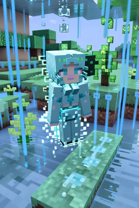 minecraft, A bubbly rain spirit, with droplet-like features, joyfully playing in a refreshing spring shower. <lora:EnvyCubedXL01:0.8><lora:EnvySpiritXL01-cute:1>