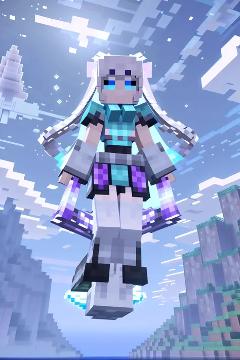 minecraft, 1girl, woman, warlock, casting spell, bombshell hair, silver hair, hime cut,Half Up Fishtail Braid, thicc hourglass figure, medium breasts, japanese, (noon, blue sky, clouds, scenery, "at the Shadowy far-future Supernova":1.3) <lora:EnvyCubedXL01:0.8>