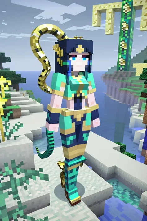 minecraft, 1girl, woman, ranger, neon goldenrod hair, medium hair,Half Up Half Down, (full body:1), [:revealing costume design:0.2], bombshell hair, deep blue hair, Fringe Cut, athletic hourglass figure, caucasian, (morning, scenery, in a Crowcore Serpent Sea:1.3)
 <lora:EnvyCubedXL01:0.55>