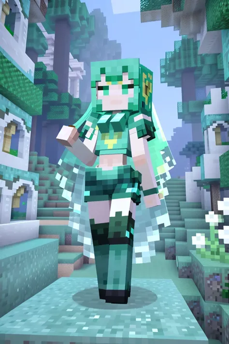 minecraft, 1girl, woman, Ximenia sprite, see-through gossamer, |_|, bombshell hair, blue-green hair, hime cut, thick thighs, narrow waist, albino, (noon, scenery, in a stunning Forgotten God's Shrine:1.3) <lora:EnvyCubedXL01:0.8><