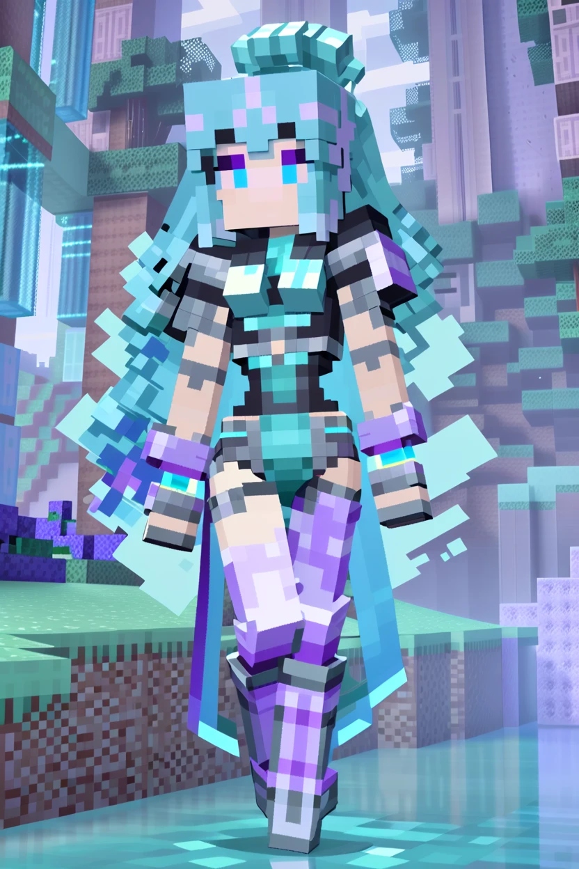 minecraft, 1girl, woman, rough digital painting, (full body:1.25), 1girl, solo, [:formal costume design,:0.2] alchemist, (asian:1.3), bombshell aqua hair with indigo highlights, Low Ponytail,bombshell curly hair, (muscular:1.2) build, middle aged, simple background, moba character concept art, bombshell hair, iridescent silver hair, curly hair, thicc hourglass figure, small breasts, caucasian, (solemn scifi megastructure outside of the multiverse:1) <lora:EnvyCubedXL01:0.8>