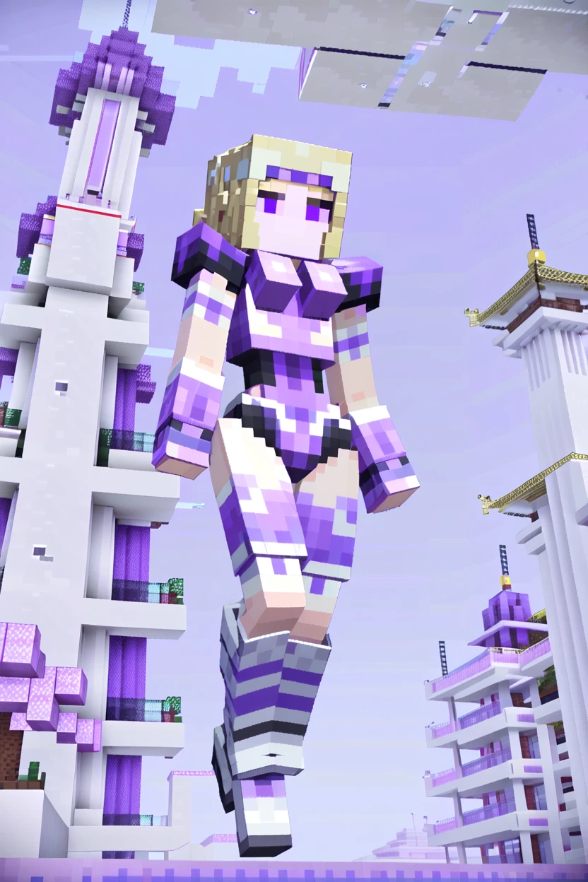 minecraft, 1girl, woman, scifi, retro-futuristic,traditional Chinese futurism,nanopunk, shuttle pilot, full body, wearing skin-tight shimmering purple lingerie, bombshell hair, pastel blonde hair, bombshell curly hair, medium breasts, wide hips, sexy slim hourglass figure,(muscular legs:0.25), caucasian, (noon, architecture, confusing Reefwave ghost town in a Salt Flat:1.3) <lora:EnvyCubedXL01:0.8>