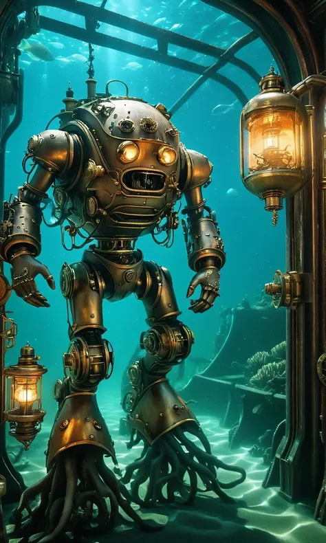 ((masterpiece)),((best quality)),8k,high detailed,ultra-detailed,intricate detail,Photography,headless,bare shoulders,((xingtian)),xingtian,in a submerged steampunk city and exploring the underwater world,<lora:xigntian:0.7>,