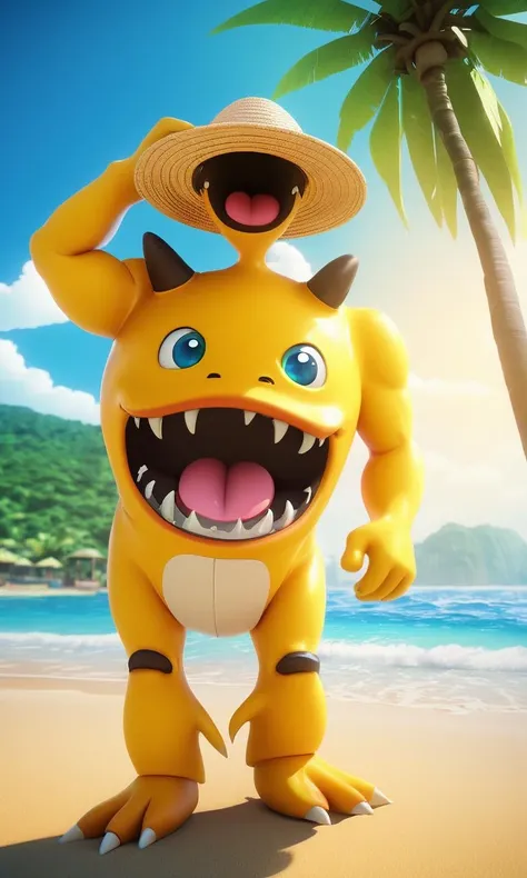 anime artwork ((masterpiece)),((best quality)),8k,high detailed,ultra-detailed,intricate detail,Photography,cute,wearing a sun hat,((monster)),((headless)),((bare shoulders)),(xingtian:2),(relaxation:1.1),(content expression),(sandy beach with palm trees),(peaceful and sunny),(beach getaway),ISO 400,F2.8 aperture,Shutter speed 1/250,ISO 400,F2.8 aperture,Shutter speed 1/250,<lora:xingtiangui:1>, . anime style, key visual, vibrant, studio anime, highly detailed