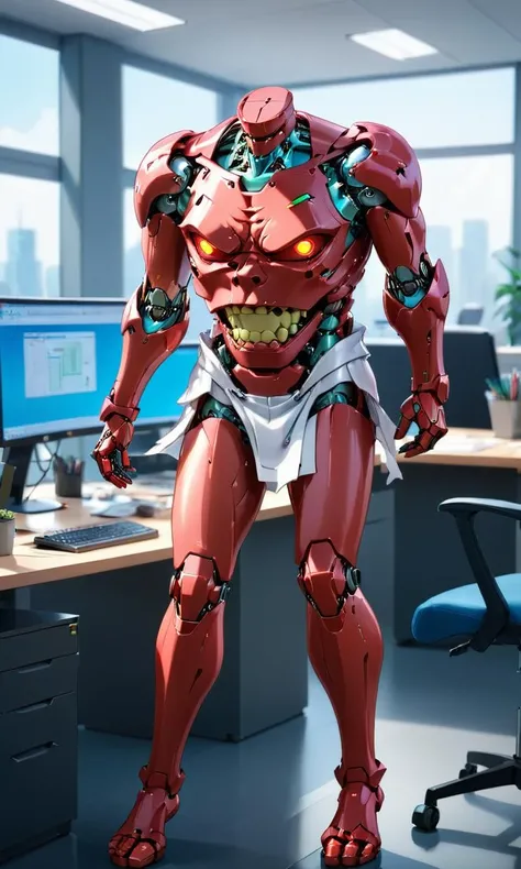 anime artwork <lora:XTGhost:1>,((masterpiece)),((best quality)),8k,high detailed,ultra-detailed,portrait,((xingtian:2)),(headless:2),mecha,((cute)),((bare shoulders)),(small mouth),xingtian wearing formal working in an busy office . anime style, key visual, vibrant, studio anime, highly detailed