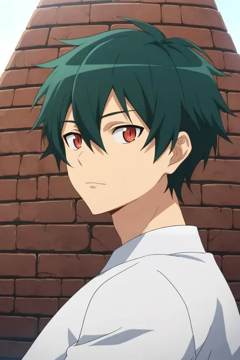 score_9, score_8_up, score_7_up, source_anime, rating_safe, intricate details, semi-realistic, looking at viewer, , 1boy, solo, male focus, <lora:sadao_maou_pony:0.78>, sadao_maou, green hair, red eyes, short hair, hair between eyes, s2, profile, pyramid, dark, victory pose, light smile, , <lora:sdxl_lightning_8step_lora:1>