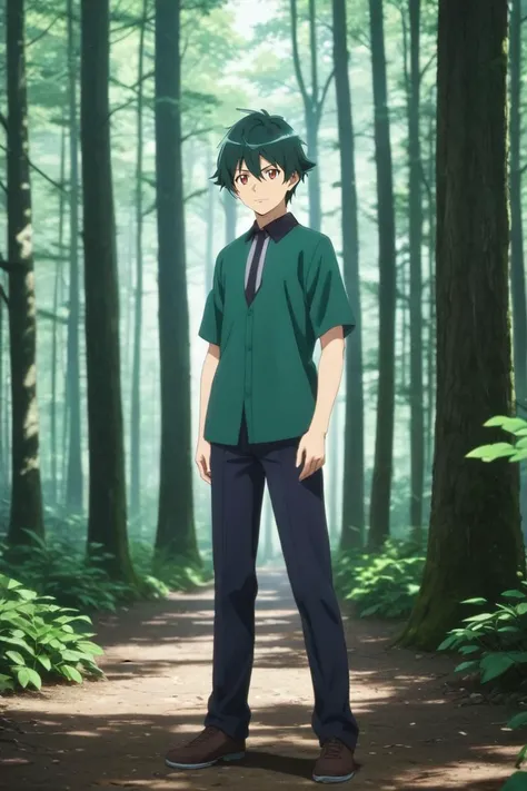 score_9, score_8_up, score_7_up, source_anime, rating_safe, , (3d:0.4), looking at viewer, depth of field, 1boy, solo, male focus, <lora:sadao_maou_pony:0.8>, sadao_maou, green hair, red eyes, short hair, hair between eyes, s2, from afar, full body, forest, indoors, villain pose, light smile, ,, <lora:sdxl_lightning_8step_lora:1>