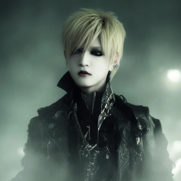 1boy, male_focus, visual kei, foggy white golden,  soft style cinematic lighting, photorealistic, gothic punk elements, eyeliner, makeup, intricate, realistic,  volumetric light and shadow, emotional,  highly detailed,sharp focus,  art by artgerm, ring light, rim lighting, octane render, vskeei1