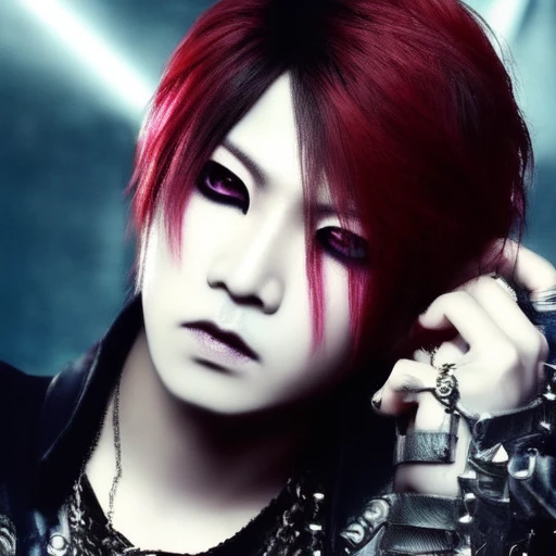 1boy, male_focus, visual kei, asian, foggy futuristic,  magazine portrait style, cinematic lighting, photorealistic, gothic punk elements, eyeliner, makeup, intricate, realistic,  volumetric light and shadow, emotional,  highly detailed,sharp focus,  art by artgerm, ring light, rim lighting, octane render, vskeei1