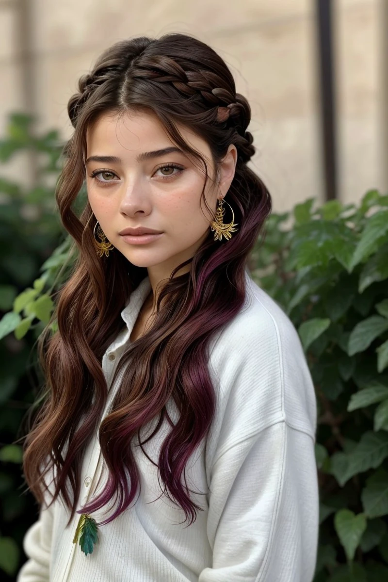 photo of <lora:sd15_locon_BlancaSoler_16_v1-000016:.9> BlancaSoler, focus on eyes, close up on face, wearing jewelry, grape leaf color hair styled as Curly Dutch Braid, soft focus