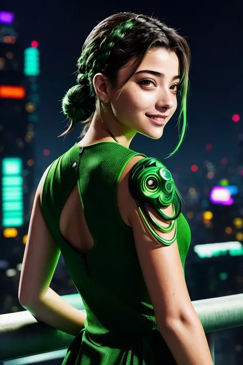 (cyberpunk cityscape, neon, dark, futuristic, detailed:1.15), headshot of <lora:sd15_locon_BlancaSoler_16_v1-000016:.9> BlancaSoler, focus on smiling face, from behind wearing a tennis dress <lora:tennis_dress-1.0:0.8> , her seaweed green color hair is styled as high braided bun,