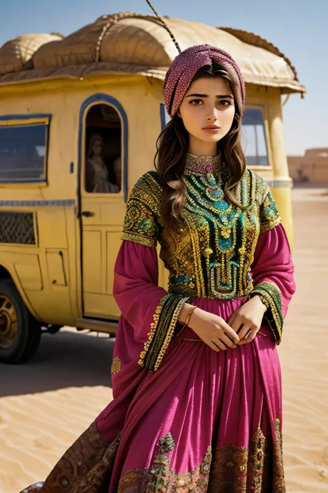 realistic photo of <lora:sd15_locon_BlancaSoler_16_v1.0:.9> BlancaSoler, portrait, solo, (full body:0.6), looking away, detailed background, detailed face, (antique theme:1.1) middle-eastern desert noble, Shocking pink (Crayola) turkic armor, expensive clothes, turban, intricate patterns, dynamic pose, stoic expression, islamic culture, caravan in background, dry climate, fantasy atmosphere,