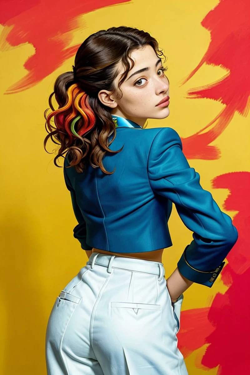 (abstract expressionism, style of Oskar Kokoschka, bright color theme, colorful:1.15), headshot of <lora:sd15_locon_BlancaSoler_16_v1-000016:.9> BlancaSoler, focus on face, from behind wearing a pantsuit , her hair is styled as Curly Finger Waves,