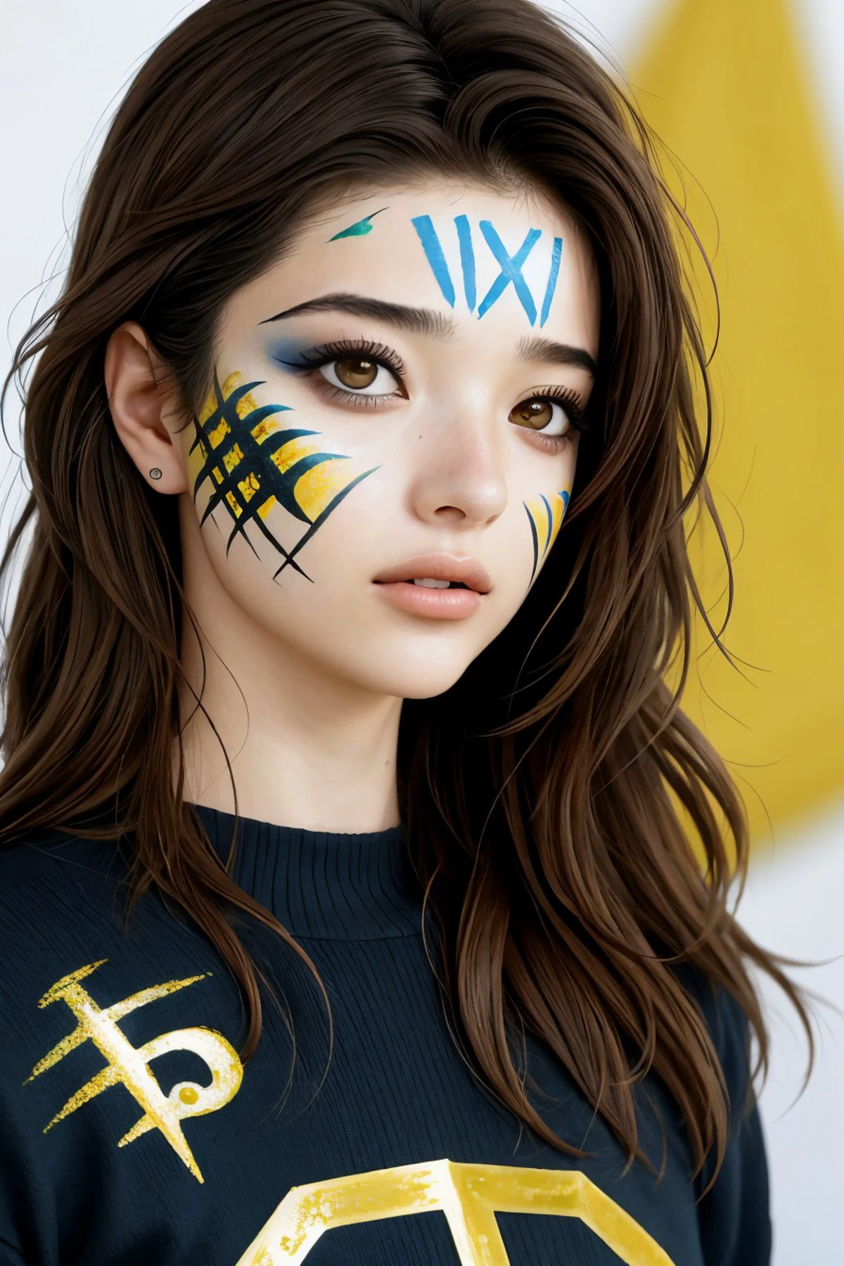 realistic photo of <lora:sd15_locon_BlancaSoler_16_v1.0:.9> BlancaSoler, close up on face, focus on eyes, (numerology face paint:1.2)