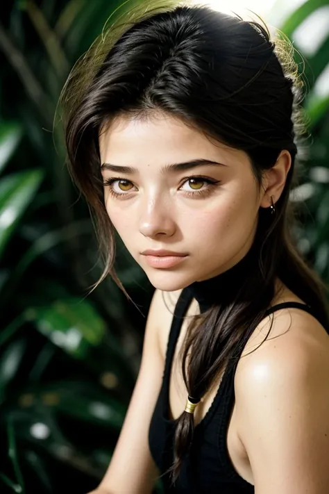 (from above, closeup on face:1.2) of photo of <lora:sd15_locon_BlancaSoler_16_v1-000016:.9> BlancaSoler, she is wearing boar costume , her hair is styled as Straight Twisted Half-Up, BREAK she is (in the jungle:1.1), (hard lighting:1.4), Fujicolor Pro ,shot on Kodak Brownie ,bokeh,