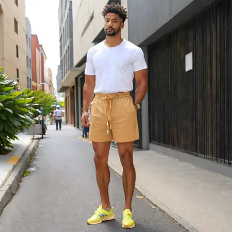 <lora:btpabsho:1> full body shot of a (man:1.3) standing on a sidewalk wearing paperbag shorts