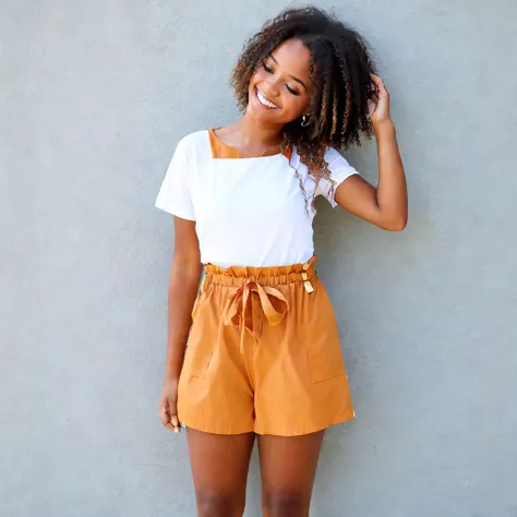 <lora:btpabsho:1> a cute girl wearing paperbag shorts, 1girl, smiling