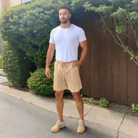 <lora:btpabsho:1> full body shot of a (man:1.3) standing on a sidewalk wearing paperbag shorts