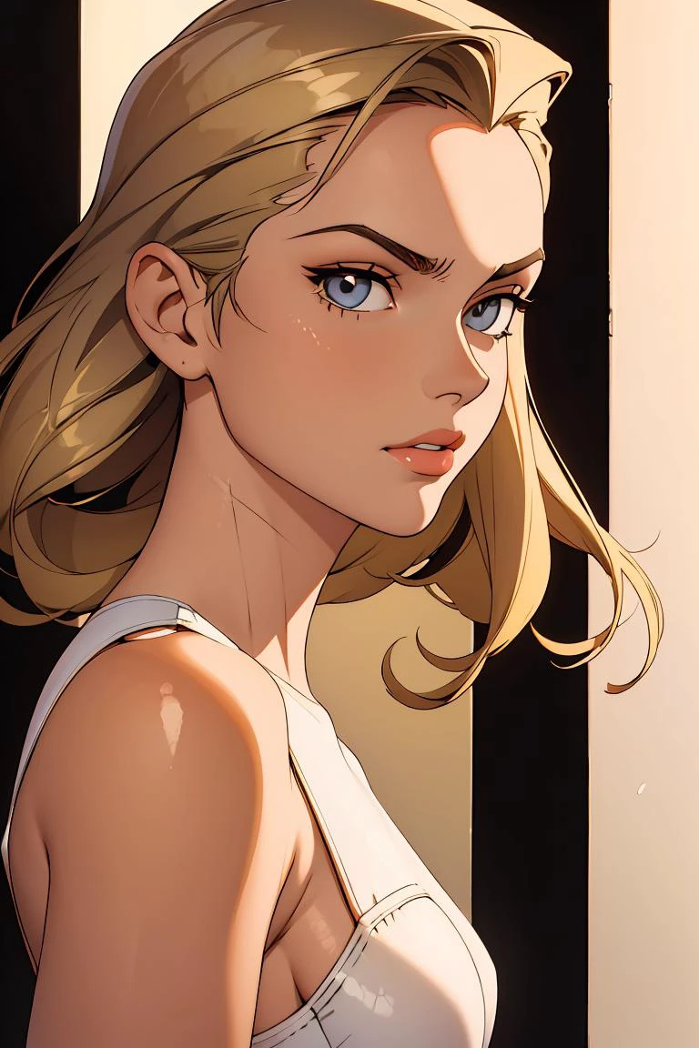 (masterpiece, best quality), 1girl, Honey Blonde Highlights on Brown Slicked-Back Taper Cut with Side Part, Size C breasts, <lora:Shirow:1> artwork
