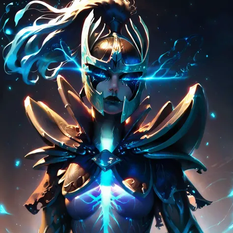 <lora:phantomassxl:0.88>, phantomassxl, 1girl, solo, tattered cloak, upper body, shoulder armor front facing, from front, glowing chest, swords, dual wielding, arms across chest, portrait, headshot, black skin, succubus, smirk, dynamic angle, gesture, flirtatious, long flowing ponytail, shoulder armor, angular patters on skin, black body, glowing blue eyes, face marking, beautiful, portrait, bedroom eyes, looking at viewer, detailed skin, mask, helmet, particles emitting from eyes, black lipstick, glass body, metallic, (black skin, corrupted glowing veins down neck:1.2), (her body is corrupted by obsidian blue magic coursing through her veins), at night, particles, detailed graveyard background, dark atmosphere, gothic, bioluminescent, bodysuit, neon, glowing, blue particles from hands, (muscular)
score_9, score_8_up, score_7_up, <lora:g0th1cPXL:0.5>, <lora:incase_v14:0.4>, <lora:bioluminescent_dress-PD-1.0-full:0.6>