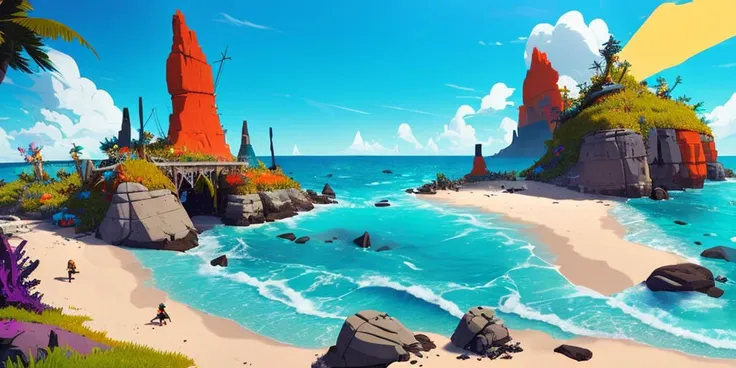 a beach with a beautiful ocean and rock spires on a sunny day , clear teal skies (512PaintStyle1:1.0)