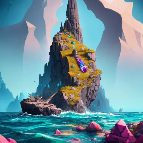 a rock spire in the ocean shaped like gem stones with stones embedded water reflecting on the     (512PaintStyle1:0.5)