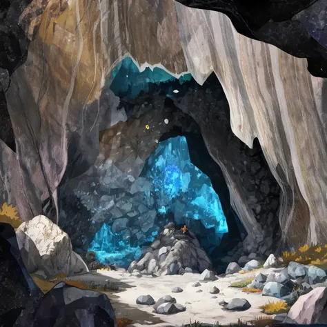 a rocky mountain cave cave cave entrance cave entrance in the side of a hill mountain gemstones embedded in rocks sapphire granite cave entrance moody dark (512PaintStyle1:0.2)