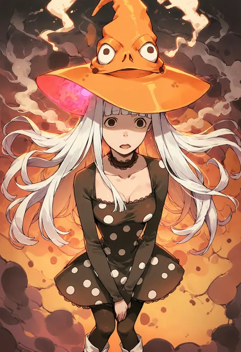 (score_9,score_8_up,score_7_up,score_6_up,score_5_up,score_4_up, source_anime, realistic:1.2), from above, from afar, (contrasting colors, bright colors:1.1), (Eruka_Frog, orange hat, adult, mature:1.3), swarm of spirits, thin, tight dress, curves, thin waist, medium size breasts, lace choker, open mouth, white hair,long hair,bangs, thin hat, witch hat, dress,black pantyhose,white boots,polka dots,polka dot dress, (spirits, mystical swamp, smoke, plasma energy:1.2),(bright lightsource, spooky theme, glowing, fluorescent, detailed background:1.2), <lora:Eureka_Frog_v10:1>, <lora:add-detail-xl:1.5>, <lora:xl_more_art-full_v1:1.4>