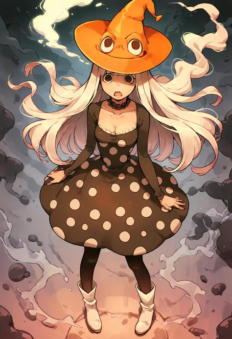 (score_9,score_8_up,score_7_up,score_6_up,score_5_up,score_4_up, source_anime, realistic:1.2),  from above, from afar, (contrasting colors, bright colors:1.1),  (Eruka_Frog, orange hat, adult, mature:1.3), swarm of spirits,  thin, tight dress, curves, thin waist,  medium size breasts, lace choker, open mouth, white hair,long hair,bangs, thin hat, witch hat, dress,black pantyhose,white boots,polka dots,polka dot dress, (spirits, mystical swamp, smoke, plasma energy:1.2),(bright lightsource, spooky theme, glowing, fluorescent, detailed background:1.2),   <lora:Eureka_Frog_v10:1>,  <lora:add-detail-xl:1.5>,  <lora:xl_more_art-full_v1:1.4>