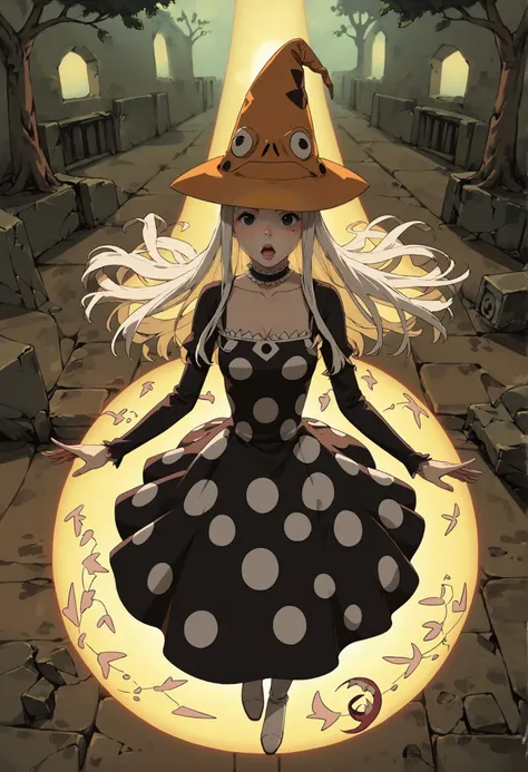 (score_9,score_8_up,score_7_up),(anime, realistic:1.2), from above, from afar, (contrasting colors, bright colors, hyper-realistic:1.1), (Eruka_Frog, orange hat, adult:1.3), swarm of spirits, thin, tight dress, curves, thin waist, medium size breasts, lace choker, open mouth, white hair,long hair,bangs, thin hat, witch hat, dress,black pantyhose,white boots,polka dots,polka dot dress, (spirits, mystical, plasma energy),(bright lightsource, glowing, fluorescent, ancient forest, ruins, detailed background:1.2), <lora:Eureka_Frog_v10:0.95> , <lora:aesthetic_anime_v1s:0.85>