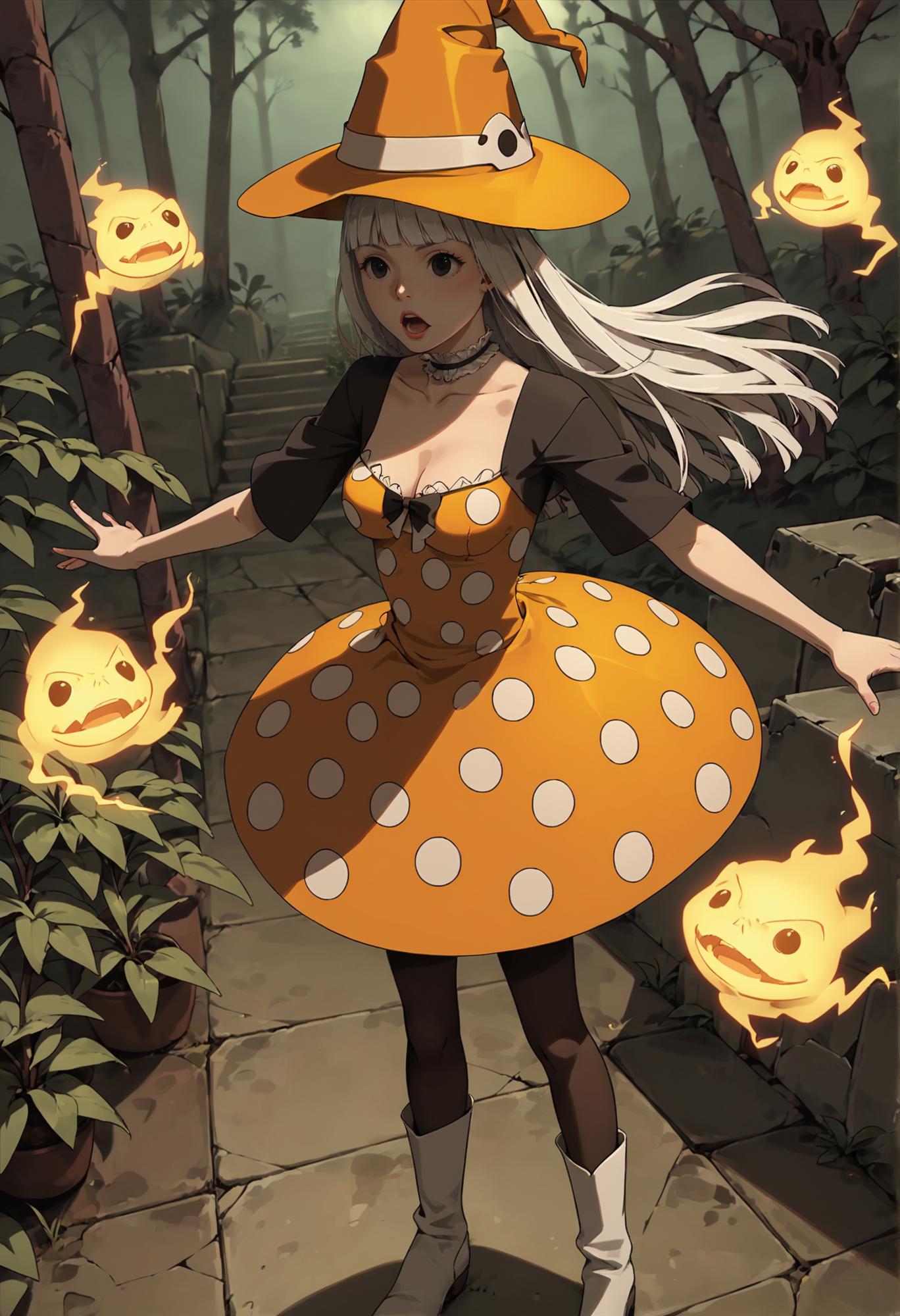 Witch in a yellow polka dot dress and hat with a pumpkin - SeaArt AI