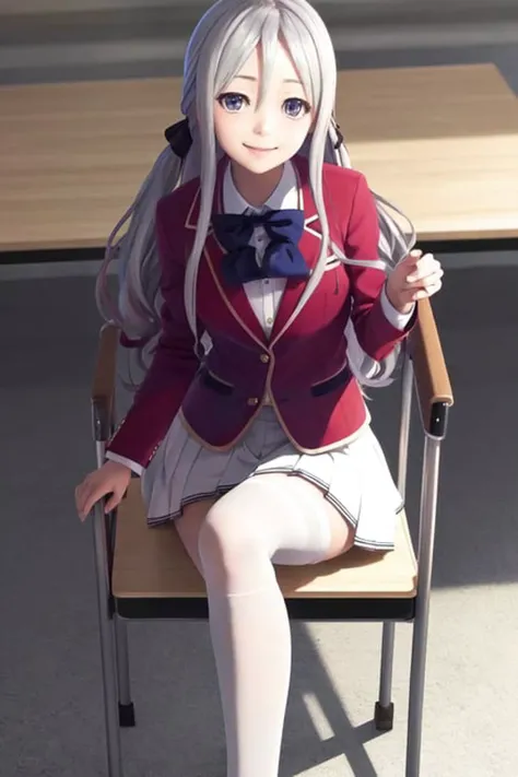 masterpiece, best quality, highres, 1girl shiina hiyori, school uniform white shirt white skirt grey legwear <lora:shiina_hiyori:1> smile, sitting in chair, crossed legs, (photorealistic:1.2)