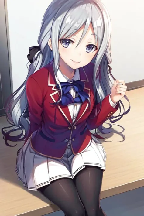 masterpiece, best quality, highres, 1girl shiina hiyori, school uniform white shirt white skirt grey legwear <lora:shiina_hiyori:1> sitting, smile