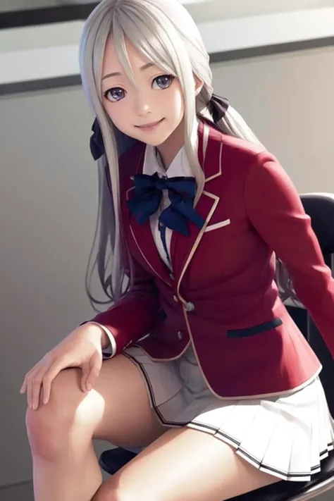 masterpiece, best quality, highres, 1girl shiina hiyori, school uniform white shirt white skirt grey legwear <lora:shiina_hiyori:1> smile, sitting in chair, crossed legs, (photorealistic:1.4)