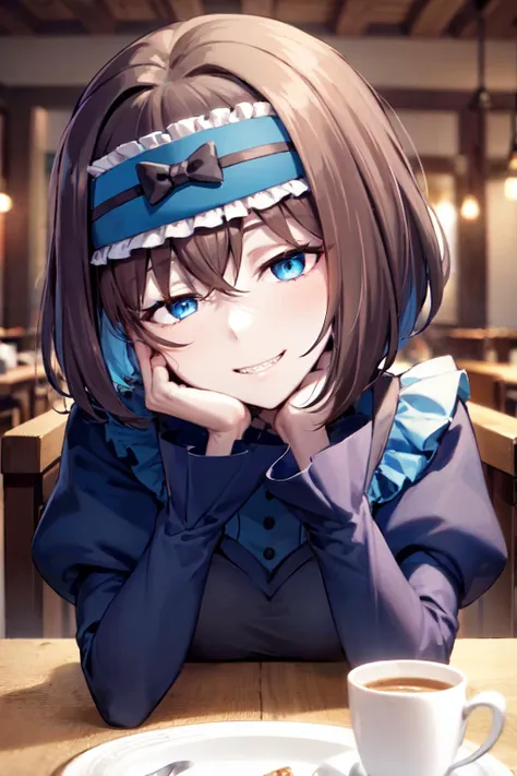 Garie, 1girl, solo,   <lora:Garie:0.7>,upper body, (evil_grin:0.8), short hair, blue dress,half-closed one eye,empty eyes, hands on own face, puffy sleeves, long sleeves, cafe,head tilt, table,looking at viewer,sidelighting,