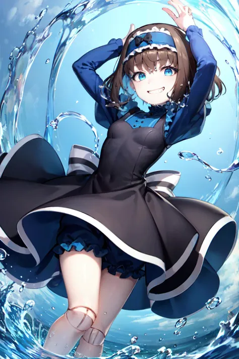 Garie,  <lora:Garie_locon_V2:0.7>,1girl, solo,dutch angle,(water:1), bloomers,blue dress, shiny,(blue sky:1.5),looking at viewer,bloomers, puffy sleeves, long sleeves,short hair,wind,arms up,striped bow,black dress,evil grin,water splash,(water_vortex:1.6),head tilt,standing on one leg, pigeon-toed,(vortex:1.7),doll joints,sidelighting,