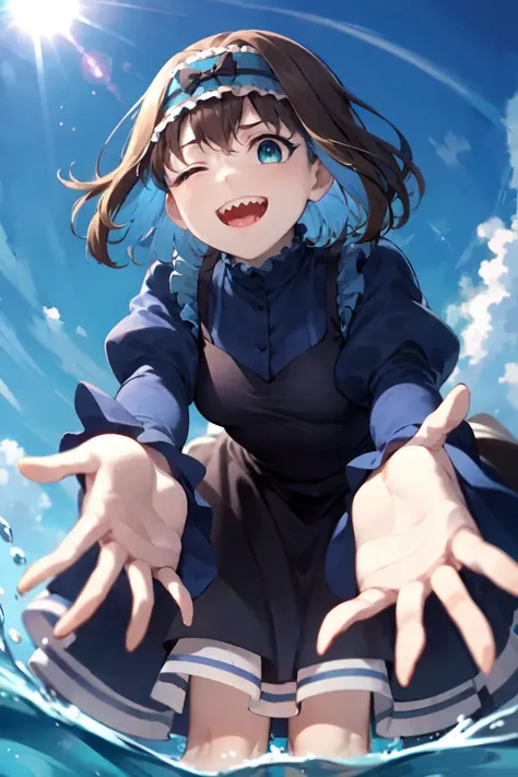 <lyco:Garie-loha-V3:0.8>,Garie,1girl,solo,frilled dress,puffy sleeves,( from below:1.2), blue sky, looking at viewer,  wind,cloud,(outstretched hands:1.2),depth of field, looking down,water, sun,( leaning forward:1.2), splashing, , smile, sharp teeth, ,wading,one eye closed, blurry,