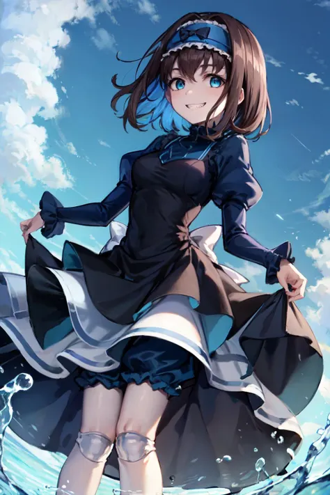 Garie, 1girl, solo,dutch angle,water,joints, bloomers,blue dress,ice, shiny,blue sky,cloud,looking at viewer, bloomers, puffy sleeves, long sleeves, skirt hold  <lyco:Garie:0.7>,pigeon-toed,(grin:0.9),looking down,short hair,