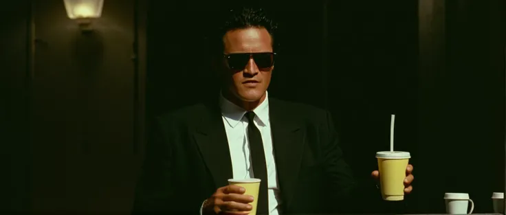 cinematic film still of <lora:Reservoir Dogs style:1>
Michael Madsen, Cinematic 1992 image focus of Cinematic 1992 image focus of a man in a suit and sunglasses holding a drink,solo,shirt,black hair,long sleeves,1boy,holding,jacket,white shirt,male focus,necktie,collared shirt,pants,dark skin,cup,black jacket,black pants,formal,sunglasses,dark-skinned male,suit,holding cup,black necktie,hand in pocket,drinking straw,disposable cup,black suit,Kodak film grain,dramatic light,dramatic shadow light,contrast,saturated color,cinematic,filmic,motion picture,realistic,realism,perfection,perfect,deep focus,clean image , Kodak film grain, dramatic light, dramatic shadow light, contrast, saturated color, cinematic, filmic, motion picture, realistic, realism, perfection, perfect, deep focus, clean image, Reservoir Dogs style, Reservoir Dogs 1992 Film style, shallow depth of field, vignette, highly detailed, high budget, bokeh, cinemascope, moody, epic, gorgeous, film grain, grainy