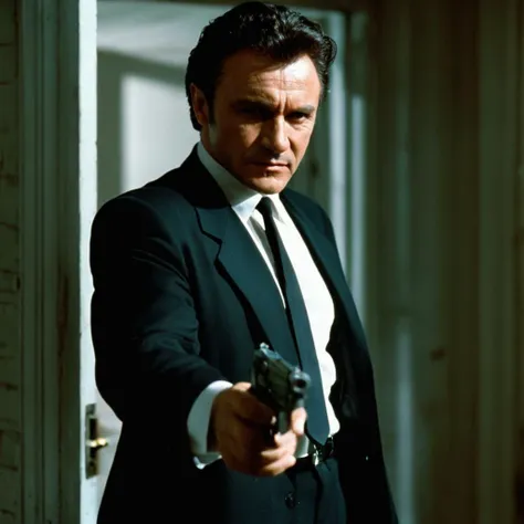 cinematic film still of cinematic film still of <lora:Reservoir Dogs style:0.9>
Harvey Keitel, Cinematic 1992 image focus of Cinematic 1992 image focus of a man in a suit holding a gun,solo,short hair,shirt,black hair,1boy,holding,jacket,white shirt,upper body,weapon,male focus,necktie,collared shirt,indoors,holding weapon,black jacket,gun,blood,formal,suit,holding gun,black necktie,handgun,door,aiming,Kodak film grain,dramatic light,dramatic shadow light,contrast,saturated color,cinematic,filmic,motion picture,realistic,realism,perfection,perfect,deep focus,clean image , Kodak film grain, dramatic light, dramatic shadow light, contrast, saturated color, cinematic, filmic, motion picture, realistic, realism, perfection, perfect, deep focus, clean image, Reservoir Dogs style, Reservoir Dogs 1992 Film style, shallow depth of field, vignette, highly detailed, high budget, bokeh, cinemascope, moody, epic, gorgeous, film grain, grainy