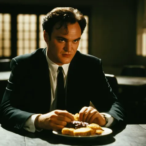 cinematic film still of cinematic film still of <lora:Reservoir Dogs style:0.9>
Quentin Tarantino, Cinematic 1992 image focus of Cinematic 1992 image focus of a man sitting at a table with a plate of food,solo,shirt,black hair,1boy,jacket,white shirt,male focus,food,necktie,tongue,collared shirt,indoors,tongue out,blurry,black jacket,window,blurry background,formal,table,suit,black necktie,plate,watch,realistic,wristwatch,black suit,Kodak film grain,dramatic light,dramatic shadow light,contrast,saturated color,cinematic,filmic,motion picture,realistic,realism,perfection,perfect,deep focus,clean image , Kodak film grain, dramatic light, dramatic shadow light, contrast, saturated color, cinematic, filmic, motion picture, realistic, realism, perfection, perfect, deep focus, clean image, Reservoir Dogs style, Reservoir Dogs 1992 Film style, shallow depth of field, vignette, highly detailed, high budget, bokeh, cinemascope, moody, epic, gorgeous, film grain, grainy