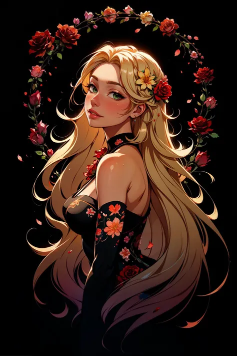 best quality, masterpiece, (smooth lighting, illuminated) 1 girl, (head tilted back:1.2), abstract, (surrounded by blossoming flowers:1.2), (flowers, floral theme:1.25), (blonde hair, mid parted hair, straight hair, long hair:1.2), pronounced blush, beautiful green eyes, artistic painting, magical flowers, artwork, simple black background, perfect lighting, smooth lighting, (mandala, chaotic patterns, abstract), (fractal art), drops of red and green paint, looking at viewer from side, from side, (flowers, roses:1.25), the most beautiful form of chaos, elegant, a brutalist designed, vivid colour, ecstasy of musical notes, streaming musical notes visible, pxint detailed eyes, beautiful <lora:AbstractPortrait_50_R:0.7><lora:colorize:0.5>