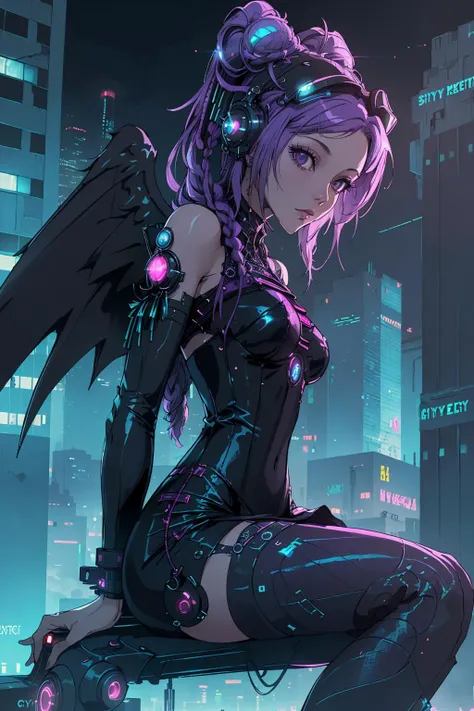 (masterpiece:1.3), (best quality:1.3), ultra realistic, (close up:1.2),
(cyberpunk, science fiction, future city, at night),
(gorgeous skinny Basotho cyber punk angel with huge wings:1.2), Lavender long braided bun, skimpy Deep Ruby latex pelvic curtain dress,
(sitting on top of skyscraper high above the ground:1.2),
<lora:weight_slider_v2:-1.5>  <lora:CyberpunkStyleV1:0.4>  <lora:cybergoth-fC_v1.0:0.7>